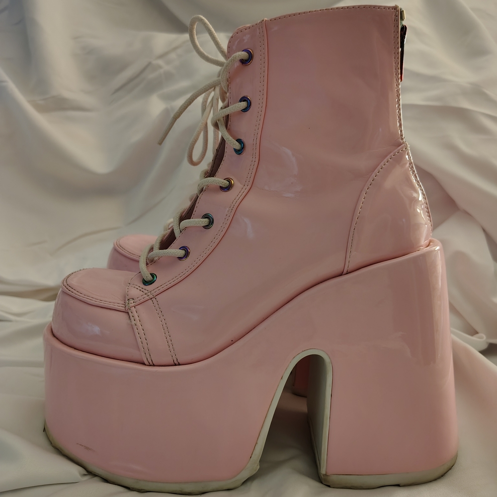 Demonia Pink Patent Platform Lace-Up Boots